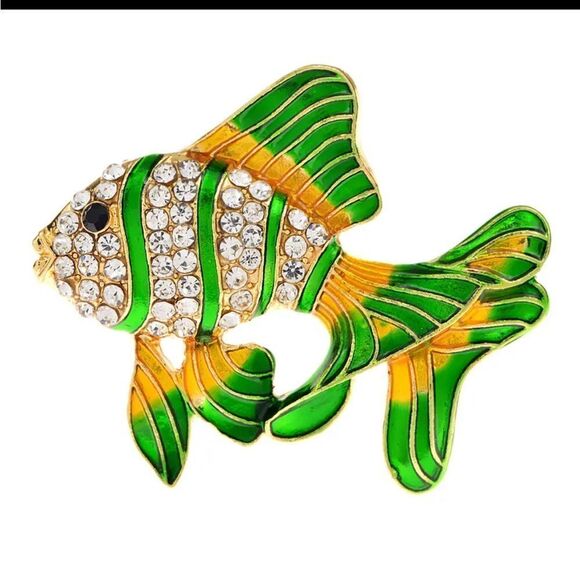 GREEN AND YELLOW FANCY FISH BROOCH WITH RHINESTONES - Picture 1 of 1
